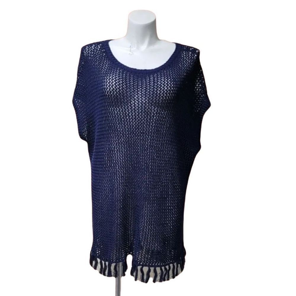 Tommy Bahama Blue Oversized‎ Crochet Tunic Knit Fringe Kaftan Cover-Up Top S/M
